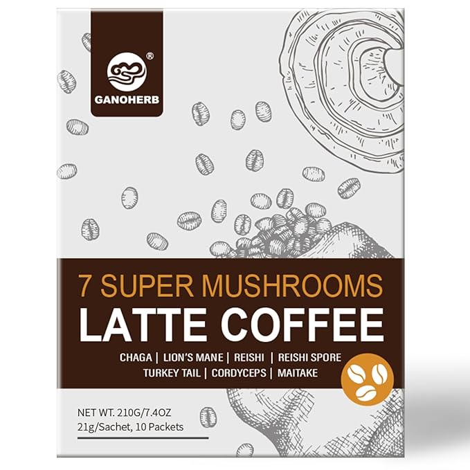 GANOHERB 7 in 1 Mushroom Coffee Mix, Instant Latte Coffee Blend Nootropic Cafe Complex with Reishi, Lion’s Mane, Chaga, Turkey Tail, Maitake, Cordyceps for Energy Focus Immune Boost (10 Servings)