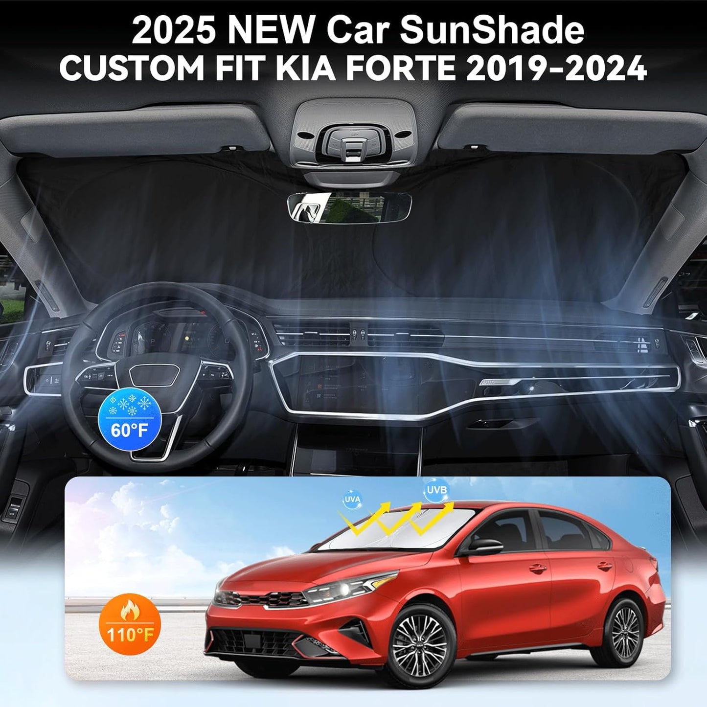 Custom Fit Kia Forte Windshield Sunshade for Kia Forte 2019 2020 2021 2022 2023 2024 2025 Front Window Shades Cover for Windshield Sun Visor Protector 210T Reflector Blocks UV Rays Cooler Accessories