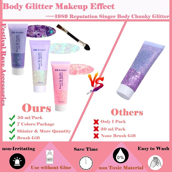 Body Glitter Face Glitter Gel: Singer Concerts Disco Festival Rave Accessories Face Glitter Makeup 150ml Chunky Sequins Mermaid Face Body Hair Glitter Gel (Purple&White&Light Pink)
