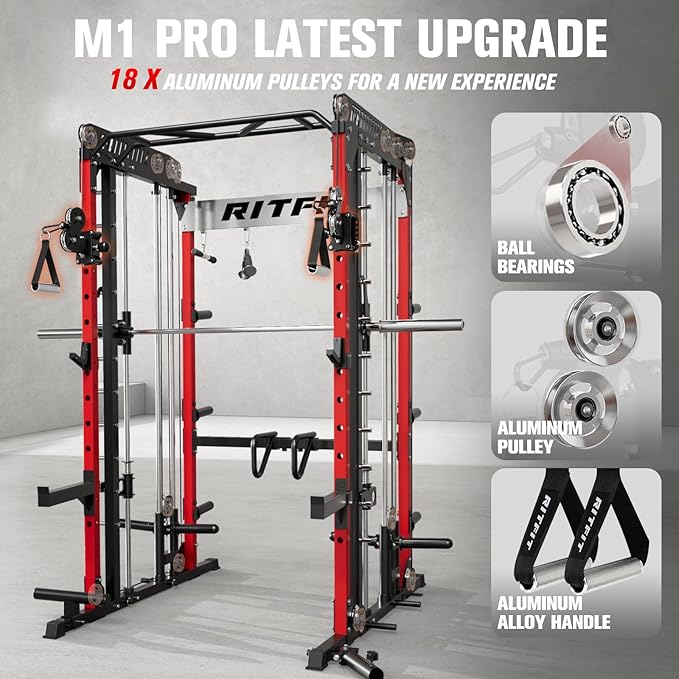 RitFit M1 & M1 Pro Smith Machine with Cable Crossover System, Multi-Function Squat Rack Power Cage for Home Gym, Power Rack and Packages