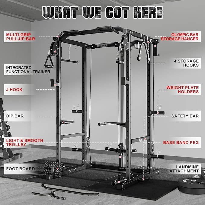 R1-V4 Power Cage Rack, 2000LB Squat Rack with Cable Crossover System, Multi-Function Weight Cage, Home Gym Workout Machine with More Training Attachments