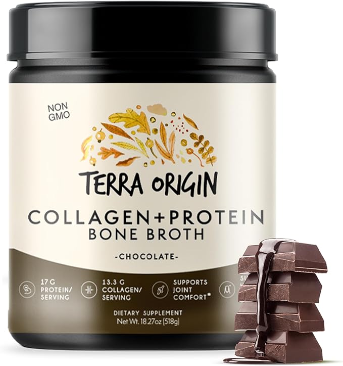TERRA ORIGIN Collagen Peptides Powder | Bone Broth Hydrolized Collagen Type I and III Protein Supplement | for Women and Men Hair, Skin, Nail and Joint Support | Chocolate (20 Servings)