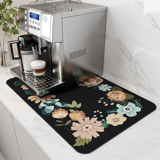AMOAMI Coffee Mat Hide Stain Rubber Backed Absorbent Dish Drying Mat for Kitchen Counter - Bar Accessories Fit Under Coffee Maker, Espresso Machine, Dish Rack - Floral Black 16x24