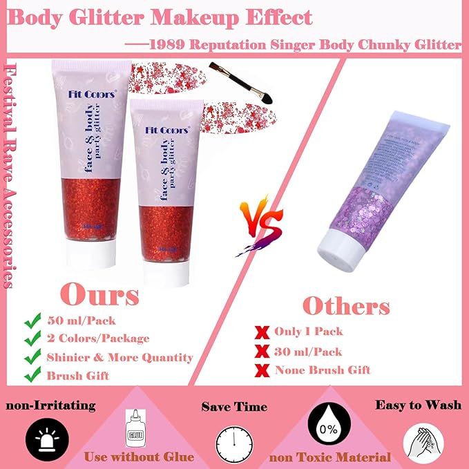 Body Glitter Face Glitter Gel: Singer Concerts Disco Festival Rave Accessories Face Glitter Makeup 150ml Chunky Sequins Mermaid Face Body Hair Glitter Gel (2 Red)