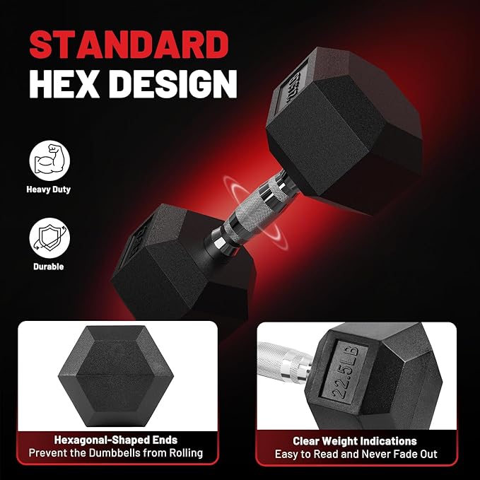 PAPABABE Hex Dumbbell Set with Rack, Rubber Encased Free Weight with Weight Storage Racks, Multiple Weight Options for Home Gym and Fitness