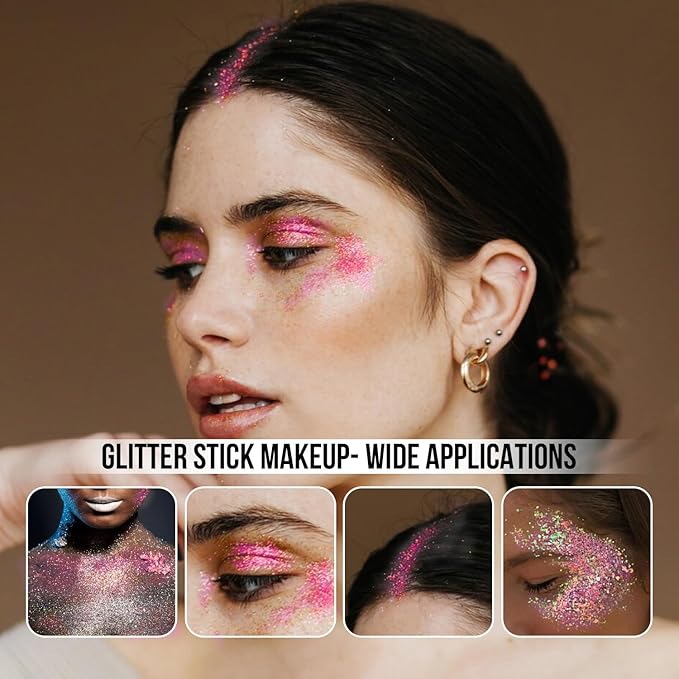 Brzeaf Waterproof Pink Glitter Stick, Not Greasy & Long Lasting, Chunky Glitter for Face/Body/Hair/Eyes/Lip, Singer Concert Music Rave Festival, Glitter Stick Makeup & Face Glitter Gel for Women Men