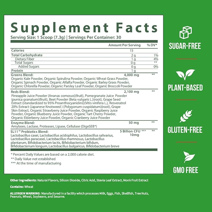 GOBIOTIX Super Greens and Reds Powder - Red and Green Superfood - Probiotic Supplement - Digestive Enzymes and Beet Root Powder - Organic Whole Foods Dietary Supplement (Pom Raspberry, 2 Pack)