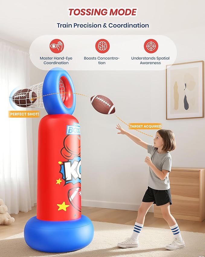 Inflatable Punching Bag for Kids, 2-in-1 Freestanding Boxing Bag with Football Toss Game, 68.8'' Heavy Duty Karate Taekwondo Toy for Boys Girls Ages 3-12, Birthday Ideas