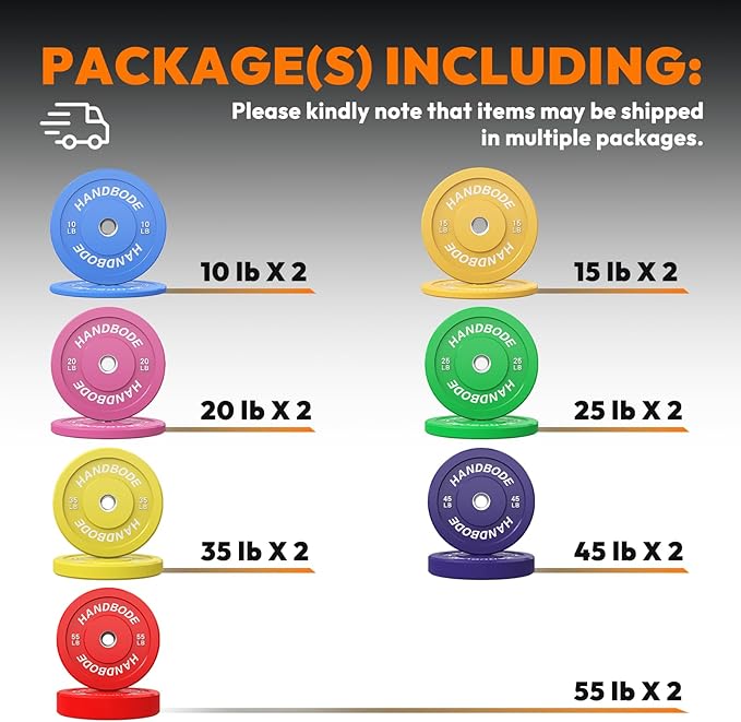 Colored Bumper Weight Plates Olympic Weight Plate Set 2-Inch, 10/15/20/25/35/45/55 lb Barbell Weight Plates Set for Home Gym, Rubber Strength Training Weights Plates for Weight Lifting