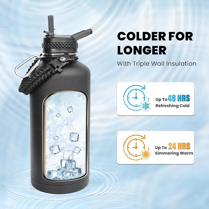 Insulated Water Bottle 87 oz, Triple Wall Vacuum Stainless Steel (Cold for 48 Hrs), Leak Proof & Non-BPA, Modern Water Flask Jug with Paracord Handle & Straw Spout Lids, Magic Black