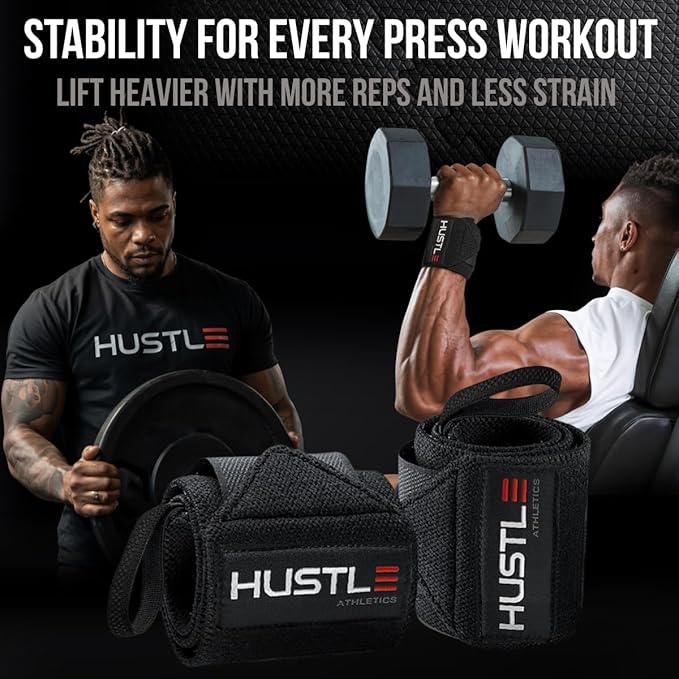 Hustle Athletics Wrist Wraps for Weightlifting – Max Wrist Support for Safe & Heavy Lifts, USPA Approved 18" & 12" Lengths, Thumb Loop Gym Straps for Powerlifting & Weight Lifting for Men and Women
