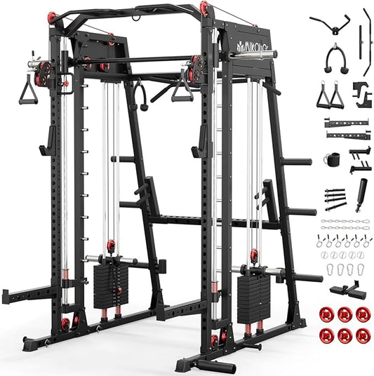 Mikolo Smith Machine, 2200lbs Squat Rack with LAT-Pull Down System & Cable Crossover Machine, Training Equipment with Leg Hold-Down Attachment
