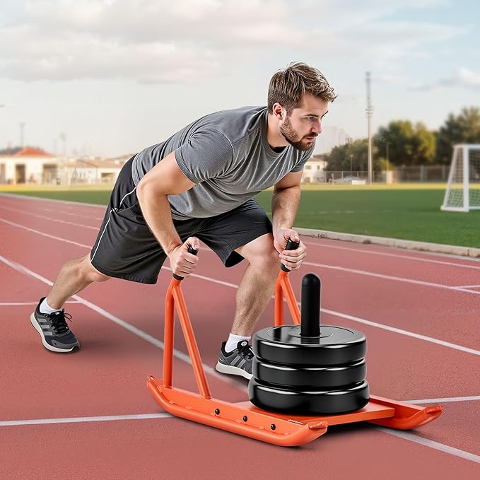VEVOR Weight Sled, Steel Power Sled, Fitness Strength Training Sleds for Athletic Exercise Speed Improvement, Workout Fitness Equipment with Handle, Compatible with 1/2 in Weight Plates, Orange