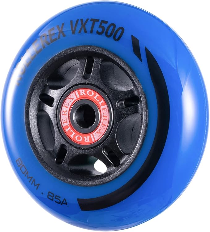 Rollerex VXT500 Inline Skate Wheels (8 Wheels w/Bearings, spacers and washers) (Various Size & Color Options Available) - for Indoor, Outdoor, Hockey - Intended for Roller Blade Wheel Replacement