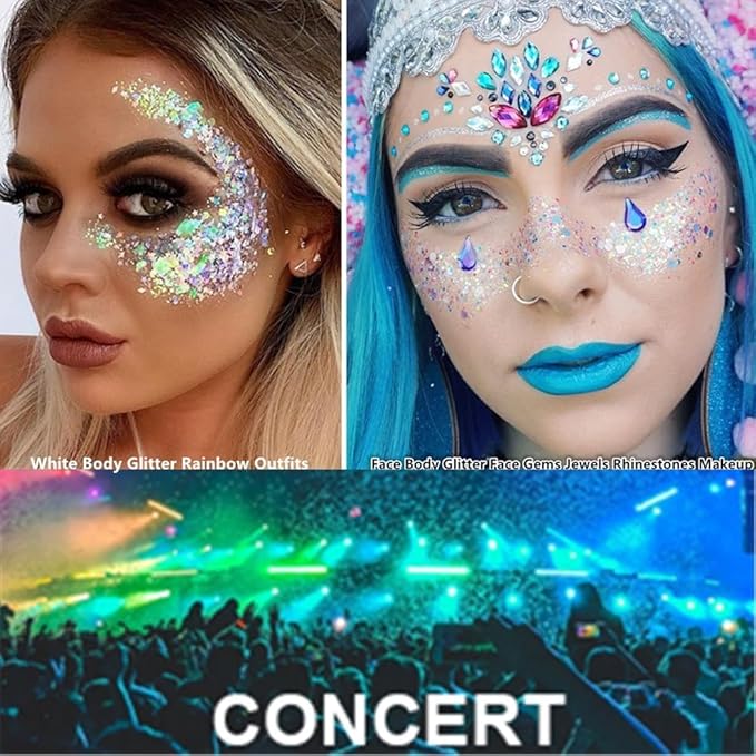 Go Ho White Pink and Blue Body Glitter Set,Singer Concerts Face Glitter Gel Makeup,Holographic Long Lasting Chunky Sequins Glitters for Eye Lip Hair Nails,Festival Rave Accessories