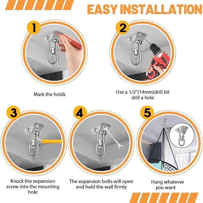 Hammock Hanging Kit 2 Pack, Porch Swing Hanging Kit 1200 Lb Capacity, Hammock Ceiling Hooks Heavy Duty 360° Stainless Steel Rotating Hanging Swing Chair for Hammock Chair Stand, Porch, Yoga, Gym