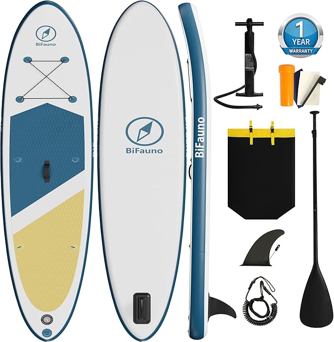 Inflatable Stand Up Paddle Board with SUP Accessories & Backpack. Paddle Boards for Adults. Non-Slip Deck, Wide Stance, Bottom Fin, Double Action Pump.