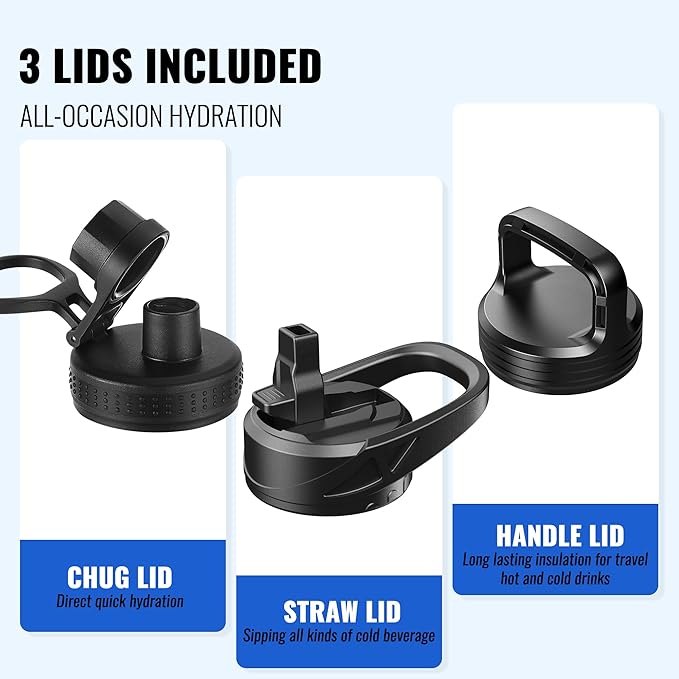 32oz Insulated Water Bottle with Straw, Stainless Steel Metal Vacuum Water Flask, Large Thermal Water bottle with Leakproof 3 Lids for Travel, Camping, Gym Sports Black