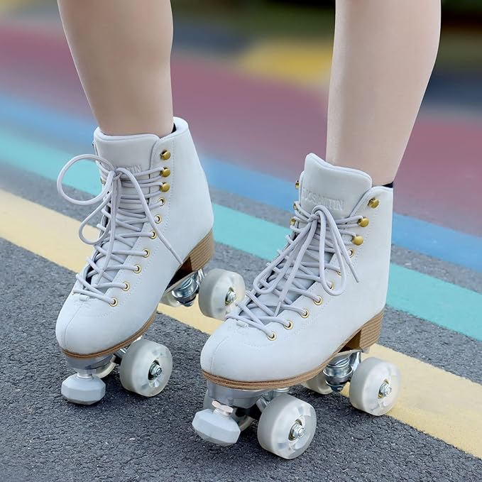 Roller Skates for Women or Men with Height Adjustable Rubber Stoppers Retro Suede Quad Roller Skates for Outdoor and Indoor
