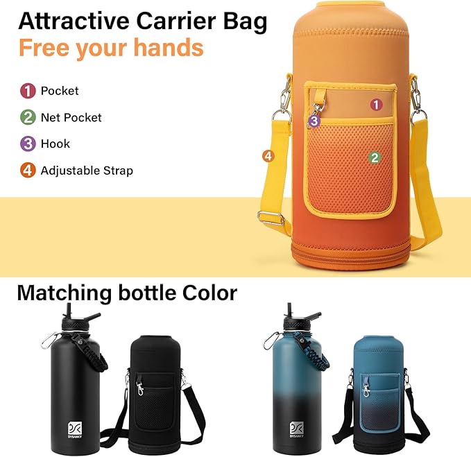 Insulated Water Bottle | Thickened Stainless Steel for Gym and Hiking with Straw, Carrier Bag, Handle Strap | BPA-Free 87 oz
