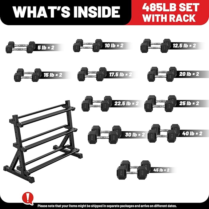 PAPABABE Hex Dumbbell Set with Rack, Rubber Encased Free Weight with Weight Storage Racks, Multiple Weight Options for Home Gym and Fitness