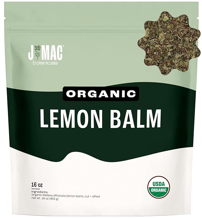 J Mac Botanicals Organic Lemon Balm (16 oz), Loose Leaf Tea, Dried Lemon Balm Tea, herbal Infusion, Lemon balm leaves, melissa officinalis tea, Certified USDA Organic