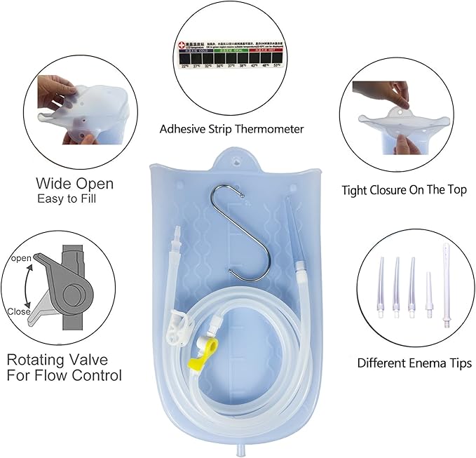 Silicone Enema Bag Kit with 6.3ft Hose, 5 Enema Tips, Controllable Flow Valve and Water Thermometer - 2 Quart Capacity Coffee enemas for Colon Cleanse