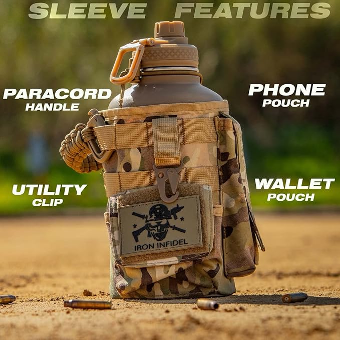 Iron Infidel Battle Bottle - Half Gallon Insulated Water Bottle with Paracord Handle - Large 64 oz Stainless Steel Water Jug & Rugged, Removable Sleeve For Keys, Wallet, Phone (OCP Camo 2 Liter)