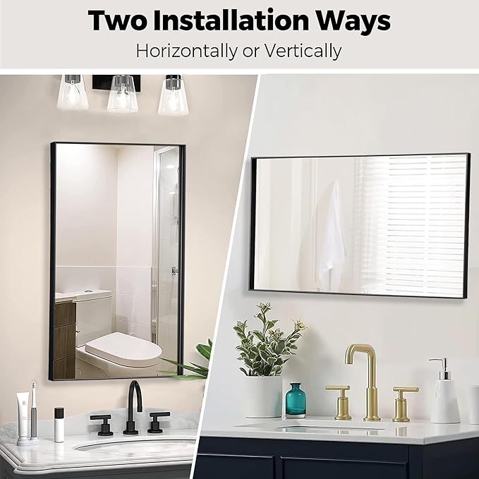 27x40 Inch Black Bathroom Mirror for Wall, Aluminum Frame Rectangle Rectangular Vanity Mirror, Modern Large for Bedroom, Living Room, Horizontal or Vertical