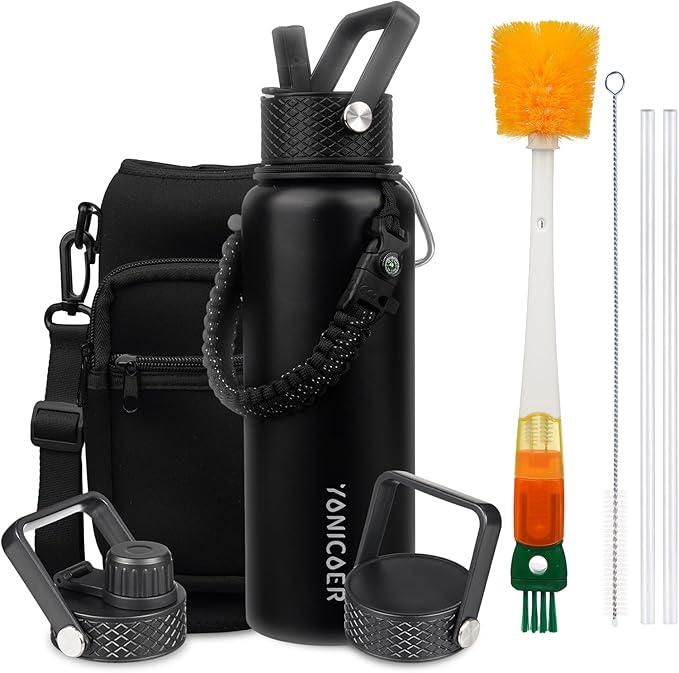 Insulated Water Bottle 64oz,Triple Wall Vacuum Stainless Steel(Dishwasher Safe),Leak Proof & Non-BPA,Flask Jug with Paracord Handle & Straw Spout Lids Sports