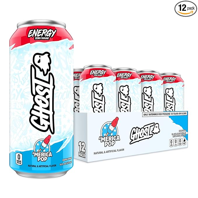 GHOST Energy Drink - 12-Pack, 'Merica Pop, 16oz Cans - Energy & Focus & No Artificial Colors - 200mg of Natural Caffeine, L-Carnitine & Taurine - Gluten-Free & Vegan