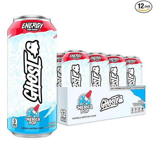 GHOST Energy Drink - 12-Pack, 'Merica Pop, 16oz Cans - Energy & Focus & No Artificial Colors - 200mg of Natural Caffeine, L-Carnitine & Taurine - Gluten-Free & Vegan