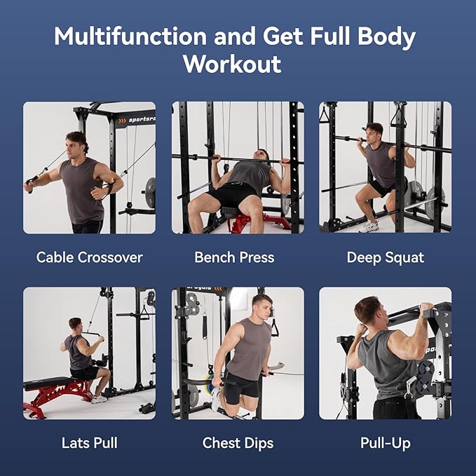 Sportsroyals Power Cage,1600lbs Multi-Function Power Rack with Adjustable Cable Crossover System and More Training Attachment, Weight Cage for Home Gym
