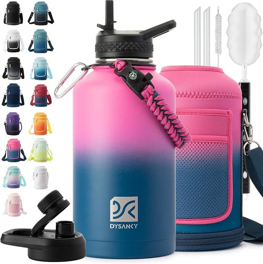 Insulated Water Bottle | Thickened Stainless Steel Vacuum Metal | Portable Sports Half Gallon Large Water Jug for Gym and Hiking with Straw, Carrier Bag, Handle Strap | BPA-Free 64 oz