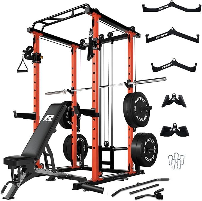 RitFit Multi-Function Squat Rack Power Cage PPC03 with Cable Crossover System, 1000LBS Capacity Power Rack and Packages with Optional Weight Bench, Barbell Weight Set, for Garage Workout & Home Gym