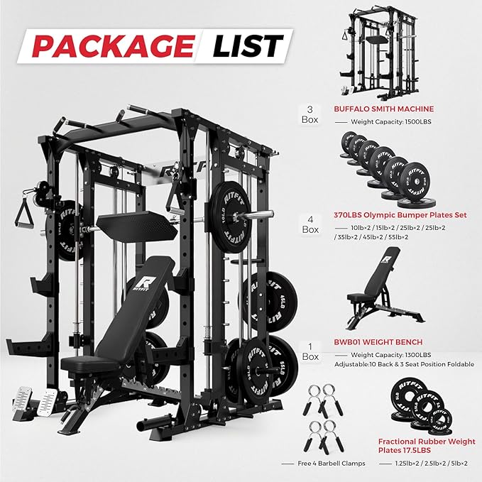 RitFit Smith Machine Power Cage with LAT Pulldown & Cable Crossover, All-in-One Power Rack Home Gym System with Leg Press Attachment & Accessories