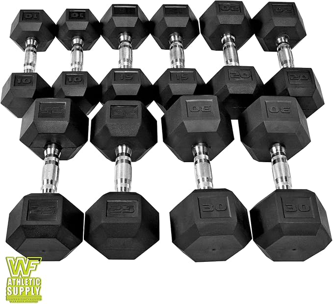 WF Athletic Supply Rubber Coated Hex Dumbbell Set with Two Tier Premium Storage Rack Built for Strength Building, Weight Loss & Home Gym – Multiple Sets Available