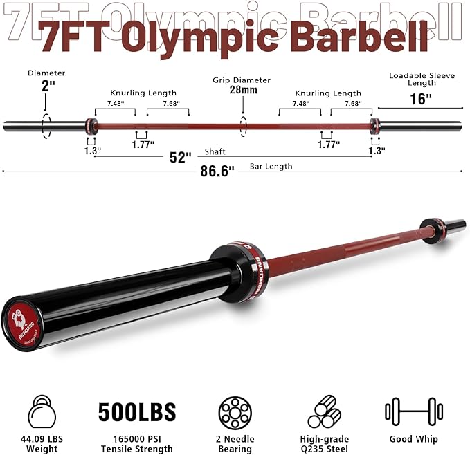 Olympic Barbell 45lb (20kg) - 7ft Bearing Spin Bar for Weightlifting and Strength Training,Ceramic Coating,500 LBS Capacity,28mm High Whip,Fits 2" Plates,for Home Gym