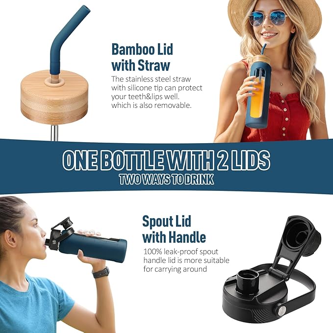Kodrine Water Bottle with Straw, 24 oz Glass water Bottle with 2 Lids Bamboo Straw Lid and Spout Lid with Handle, 32 oz Clear Water Bottle Glass for Sports Travel, Waterbottle with Time Marker