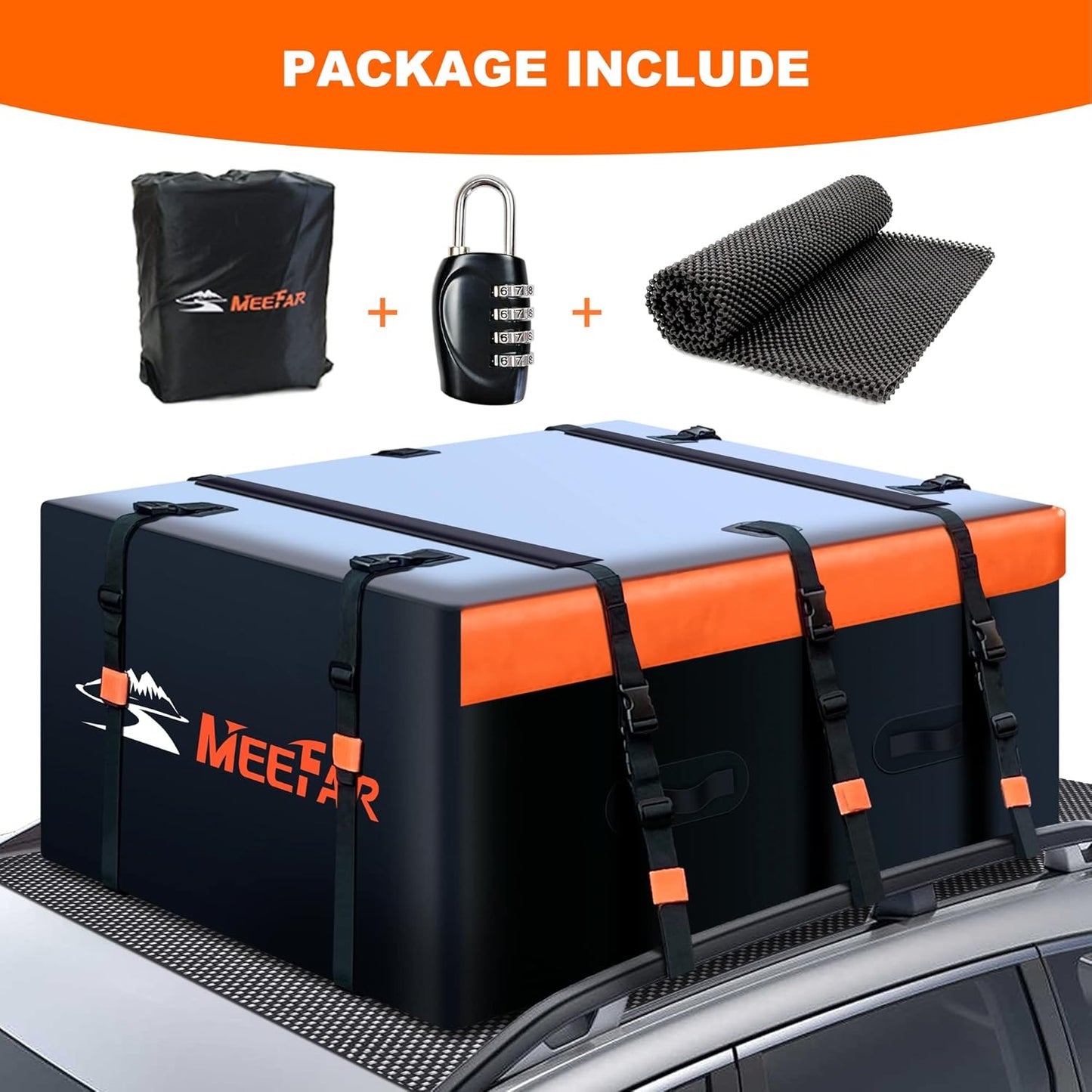 MeeFar Rooftop Cargo Carrier Car Roof Bag 21 Cubic Feet 100% Waterproof Car Top Carrier, Fits All Vehicle with/Without Rack,Include Anti-Slip Mat,10 Reinforced Straps,6 Door Hooks,Luggage Lock