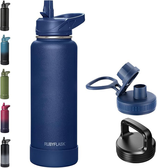 40oz Insulated Water Bottle with Straw, Stainless Steel Metal Vacuum Water Flask, Large Thermal Water bottle with Leakproof 3 Lids for Travel, Camping, Gym Sports Navy