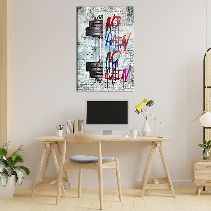 iHAPPYWALL Vintage Inspirational Fitness Quotes Wall Art No Pain No Gain Dumbbells Gym Sport Picture for Home Bodybuilding Room Bedroom Decor Ready to Hang 24x36inch (Grey)