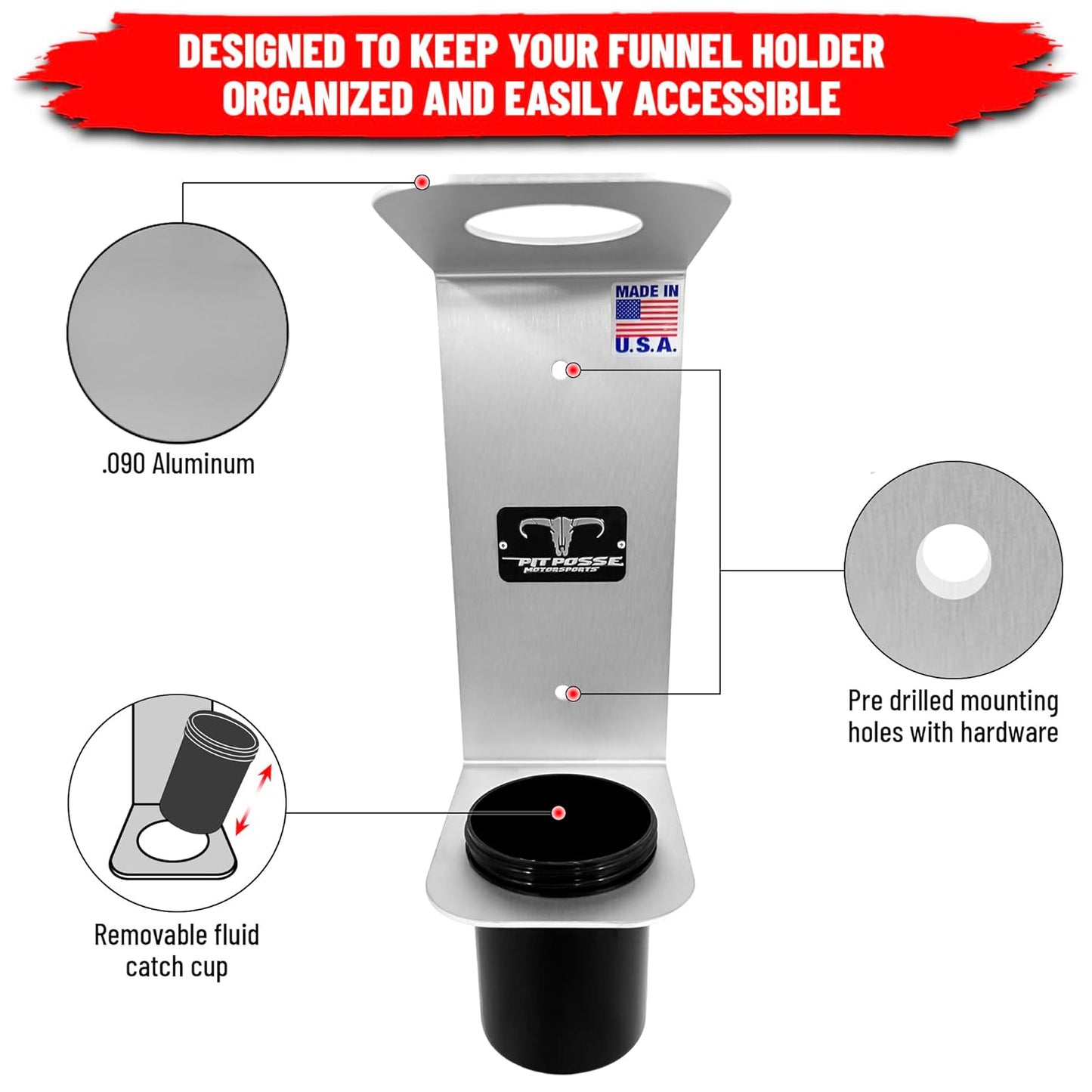 Pit Posse PP3364 Aluminum Oil Funnel Holder Storage Rack - Enclosed Trailer Garage Shop -Made in USA- Wall Mount Fluid Drain Funnel Caddy Hanger Automotive Organizer Removable Spill Free Universal Fit
