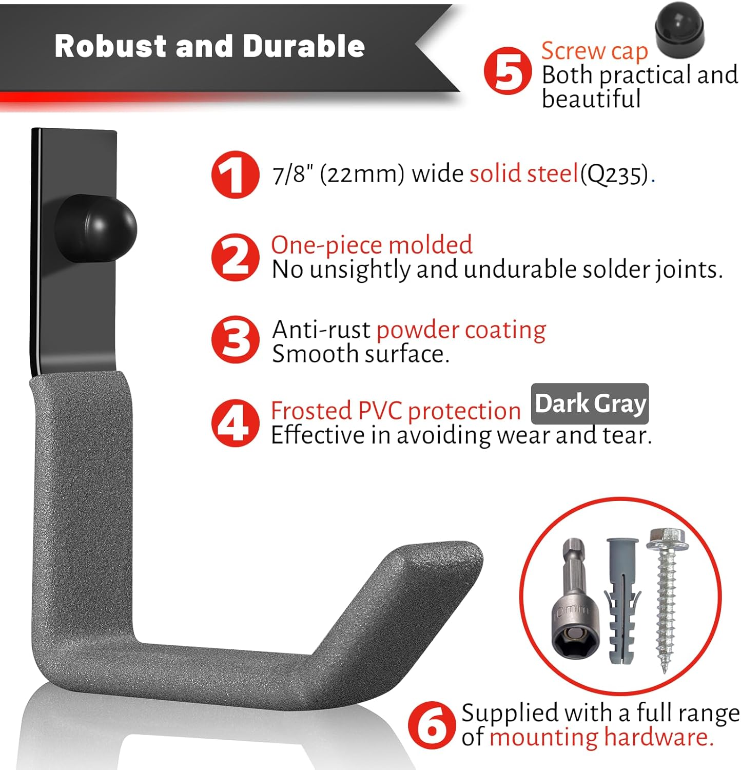 Garage Hooks for Hanging Heavy Duty, Ladder Hooks for Garage Wall Hanger, Metal J Utility Hooks, Shovel Holder Wall Mount Hooks, Garden Tool Organizer Storage for Helmet, Backpack-6Pack