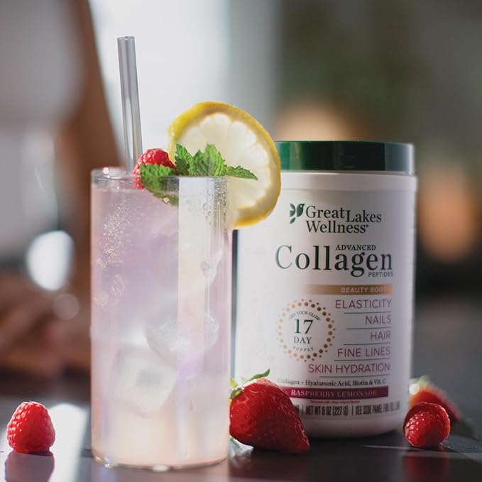 Great Lakes Wellness Beauty Boost Advanced Collagen Peptides Powder with Hyaluronic Acid, Biotin, Vitamin C - Skin Elasticity and Hydration - Raspberry Lemonade Flavor - Non-GMO, Keto, Kosher - 8 oz