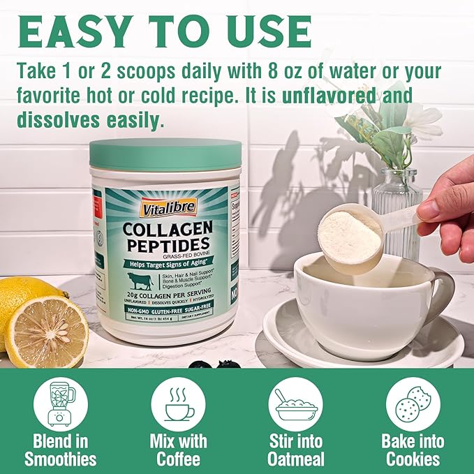 Bovine Collagen Peptides Powder for Women and Men, Grass-Fed Hydrolyzed Collagen Protein Type I & III, Skin, Hair, Nails, Bones, Digestion, Unflavored, Non-GMO, Keto & GF, 22 Servings, 16oz