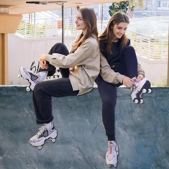 Roller Skate Shoes for Women Four Rounds Children's Roller Skates Shoes That Turn into Rollerskates Sneakers Outdoor Light Shoes with Wheels for Girls/Boys