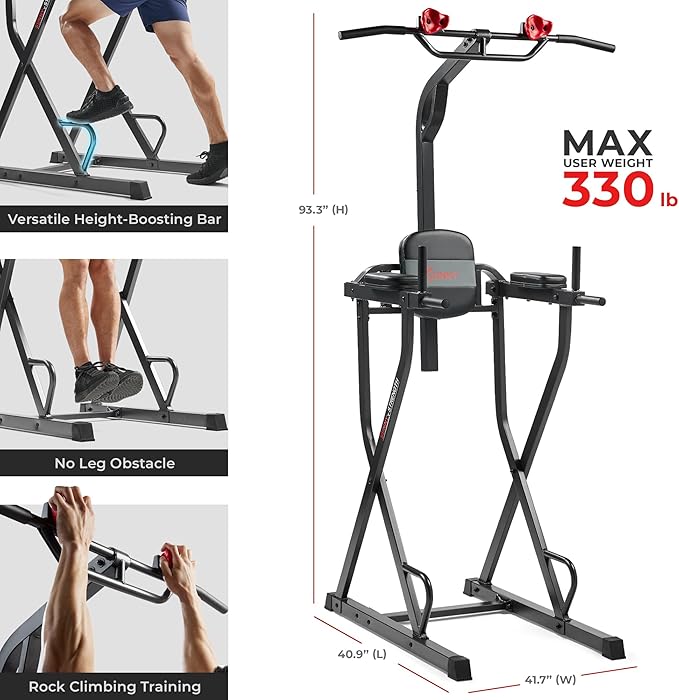 Sunny Health & Fitness Power Tower, Dip Bar, Push-Up & Pull Up Assisting Parallette Station w Optional Rock Climbing Grip Trainer