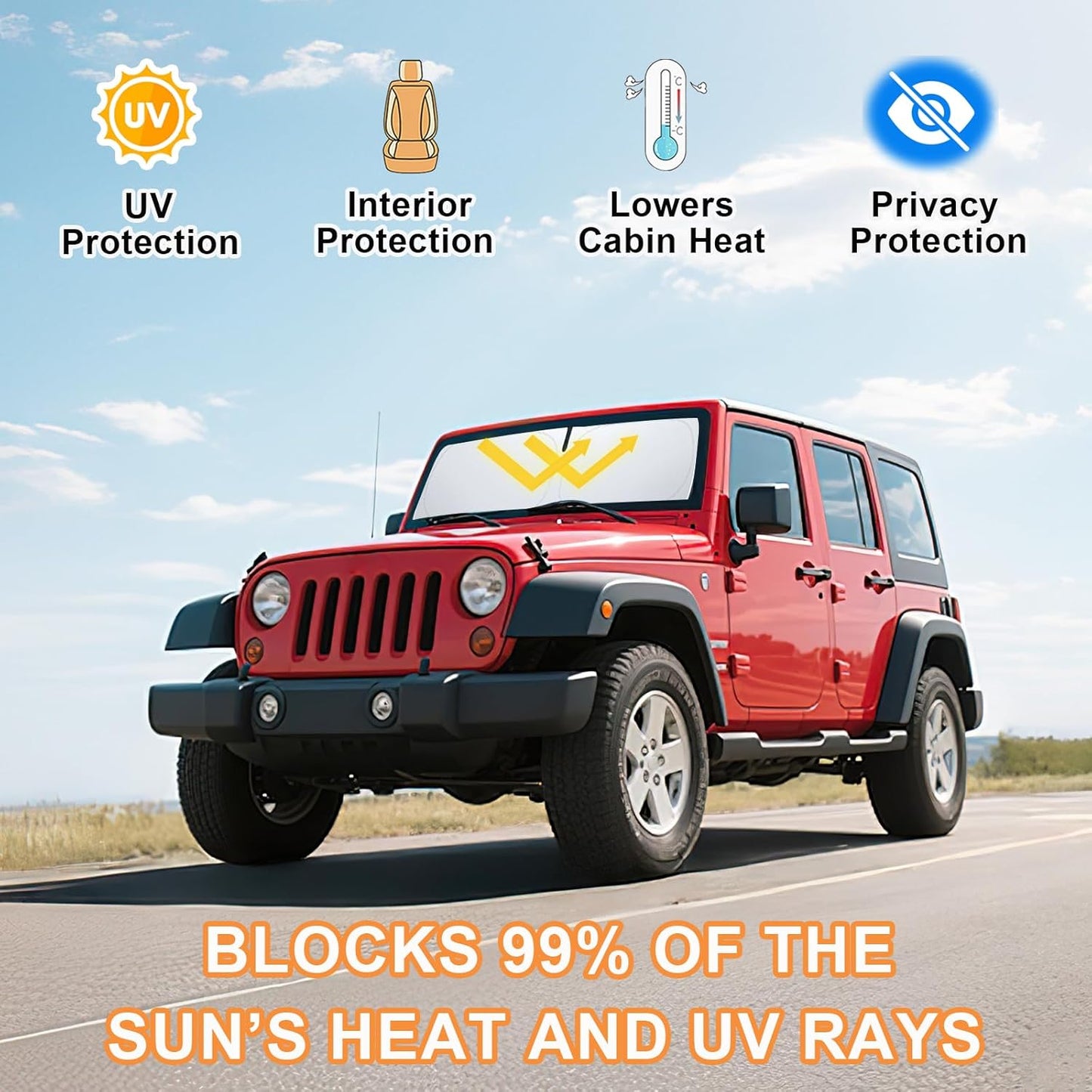 Windshield Sun Shade for Jeep Wrangler JK 2007-2018, Foldable Heat Shield with UV Protection, Custom Fit for 2/4 Door Models, Car Window Visor Accessories