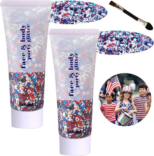 Red White and Blue Face Body Glitter, 4th of July Outfits for Women Girls USA Flag Pride Hair Body Face Glitter Gel Makeup Chunky Sequins, Fourth of July Accessories for Independence Day Celebrations